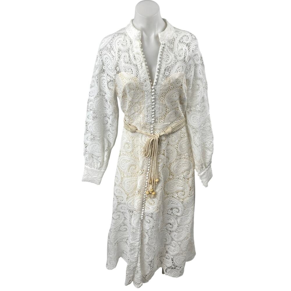 NEW L'atiste White Paisley Lace Long Sleeve Belted Midi A-Line Shirt Dress Sz M